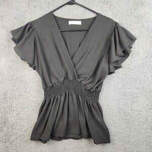 Womens Smocked Waist V Neck Flutter Sleeve Peplum Medium Day to Night Whimsey